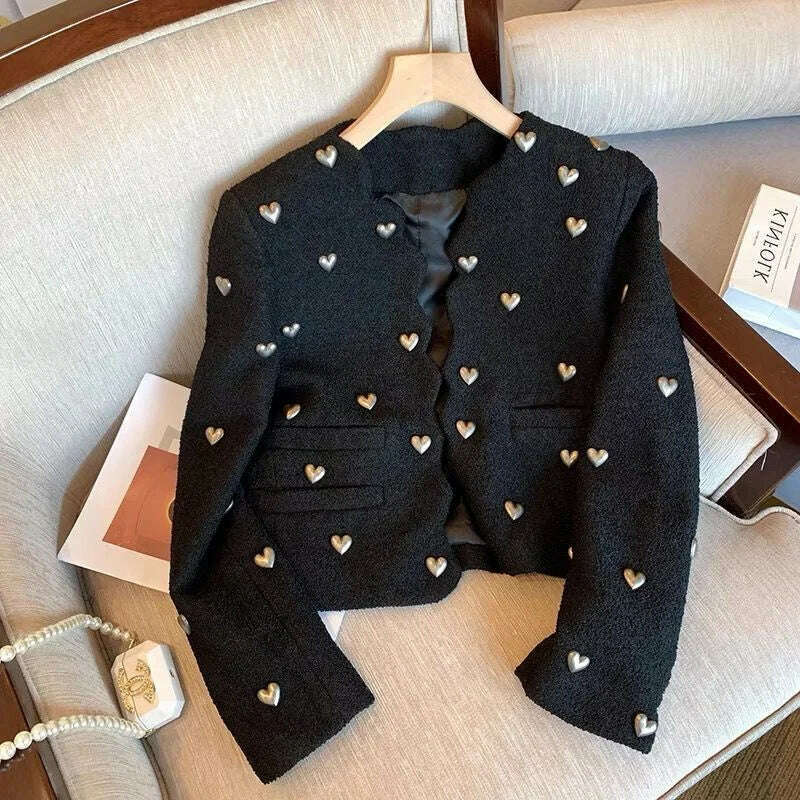 Fashion Love Beading Wool Jacket Coat High Street Fall Winter French Vintage Elegant Short Cardigan Women Outwear Blazer G338 - KIMLUD