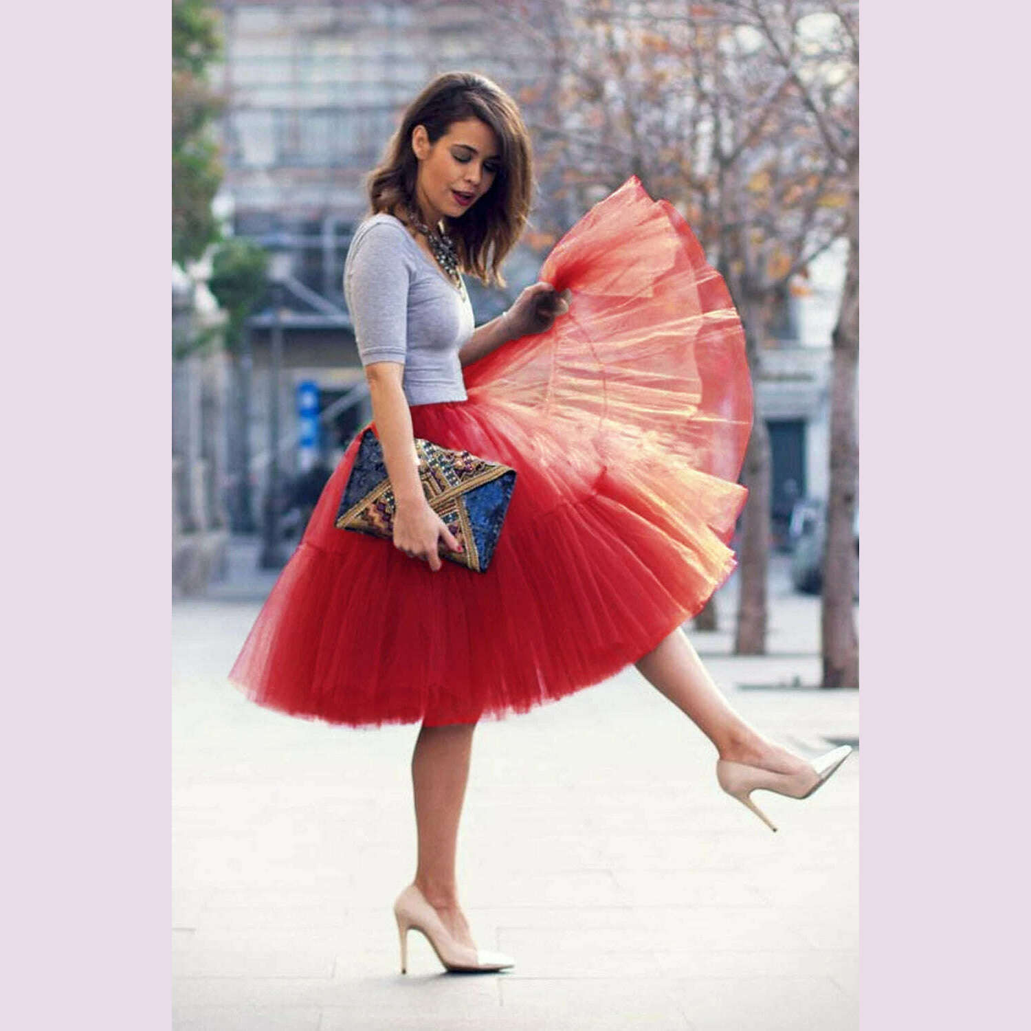 Fashion Red Multi-Layers Tulle Skirts Women Elastic Waist Puffy Knee Length Tutu Petticoat Lolita Cosplay Underskirt Jupons - KIMLUD