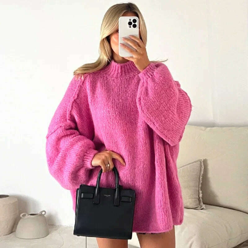 Fashion Solid Sweater For Women Loose Long Lantern Sleeve O-neck Female Knitted Pullover 2023 Autumn Thick High Street Lady Top - KIMLUD