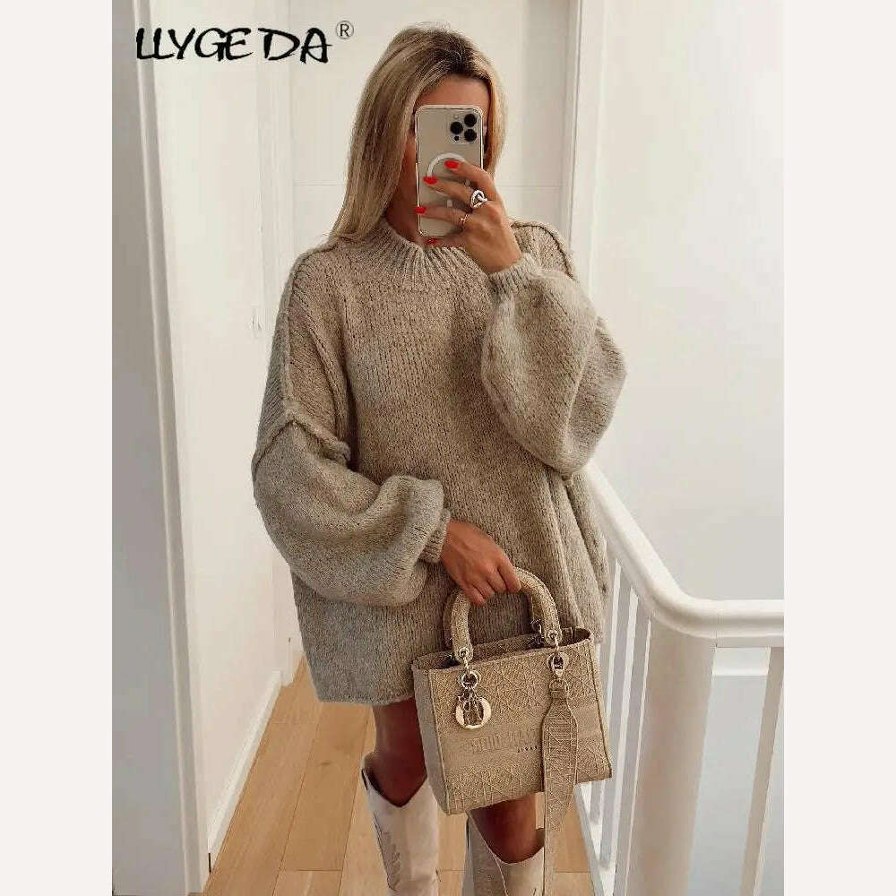 Fashion Solid Sweater For Women Loose Long Lantern Sleeve O-neck Female Knitted Pullover 2023 Autumn Thick High Street Lady Top - KIMLUD