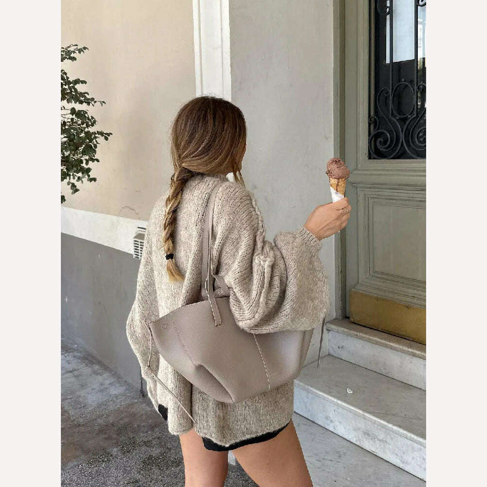 Fashion Solid Sweater For Women Loose Long Lantern Sleeve O-neck Female Knitted Pullover 2023 Autumn Thick High Street Lady Top - KIMLUD