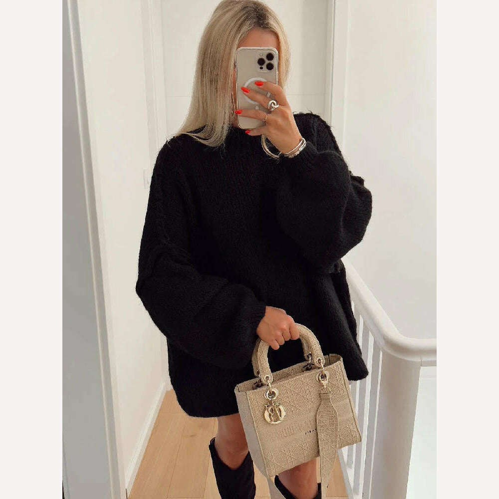 Fashion Solid Sweater For Women Loose Long Lantern Sleeve O-neck Female Knitted Pullover 2023 Autumn Thick High Street Lady Top - KIMLUD