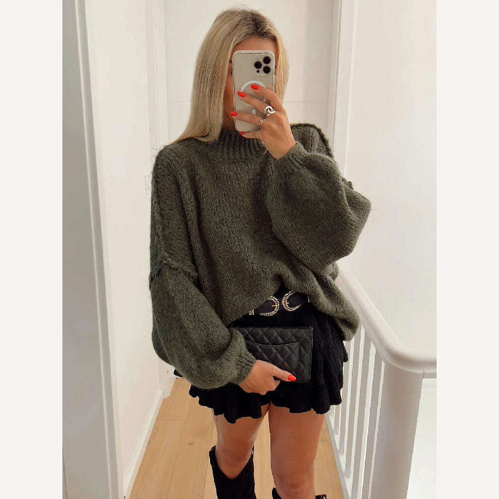 Fashion Solid Sweater For Women Loose Long Lantern Sleeve O-neck Female Knitted Pullover 2023 Autumn Thick High Street Lady Top - KIMLUD