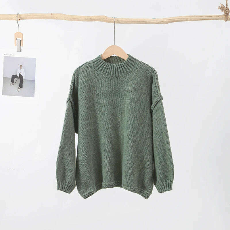 Fashion Solid Sweater For Women Loose Long Lantern Sleeve O-neck Female Knitted Pullover 2023 Autumn Thick High Street Lady Top - KIMLUD
