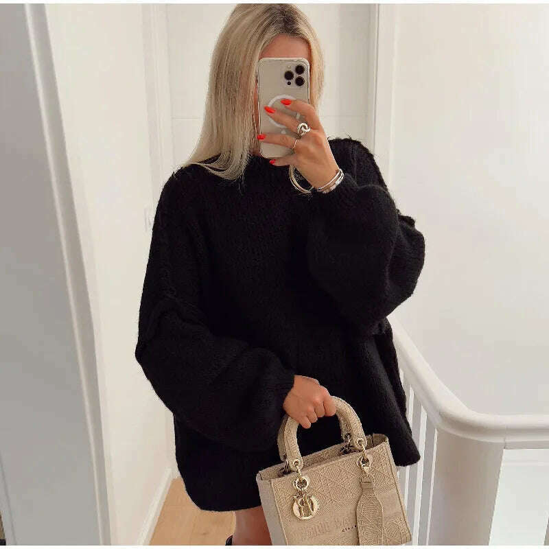 Fashion Solid Sweater For Women Loose Long Lantern Sleeve O-neck Female Knitted Pullover 2023 Autumn Thick High Street Lady Top - KIMLUD