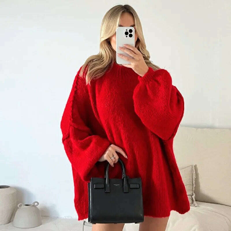 Fashion Solid Sweater For Women Loose Long Lantern Sleeve O-neck Female Knitted Pullover 2023 Autumn Thick High Street Lady Top - KIMLUD