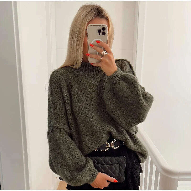 Fashion Solid Sweater For Women Loose Long Lantern Sleeve O-neck Female Knitted Pullover 2023 Autumn Thick High Street Lady Top - KIMLUD