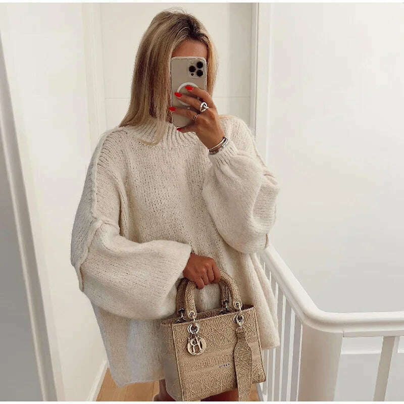 Fashion Solid Sweater For Women Loose Long Lantern Sleeve O-neck Female Knitted Pullover 2023 Autumn Thick High Street Lady Top - KIMLUD