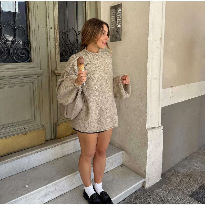 Fashion Solid Sweater For Women Loose Long Lantern Sleeve O-neck Female Knitted Pullover 2023 Autumn Thick High Street Lady Top - KIMLUD
