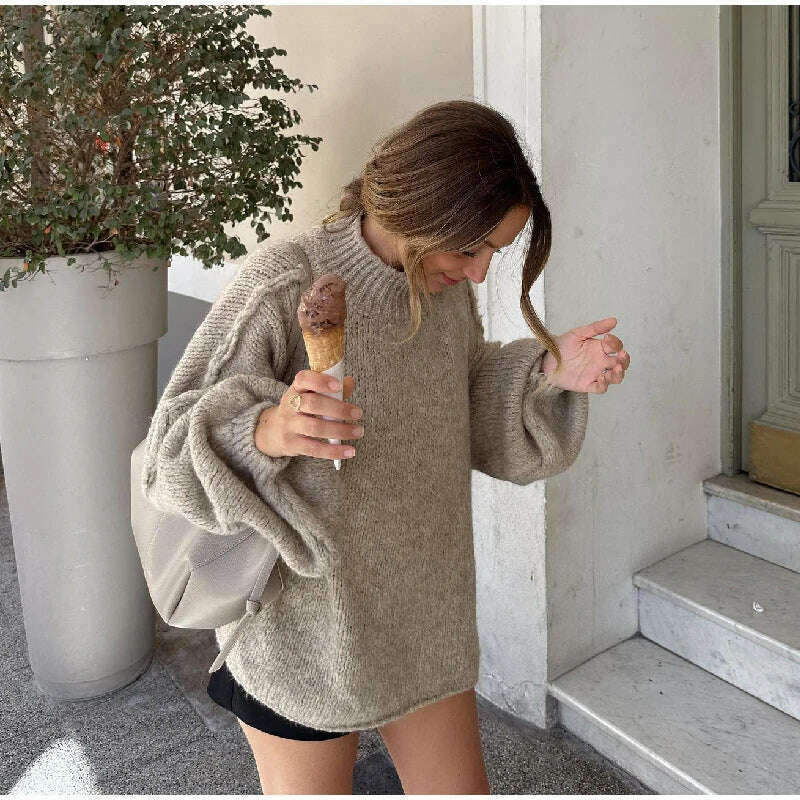 Fashion Solid Sweater For Women Loose Long Lantern Sleeve O-neck Female Knitted Pullover 2023 Autumn Thick High Street Lady Top - KIMLUD