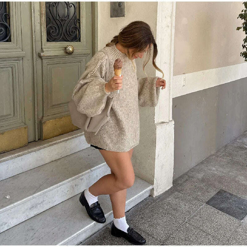 Fashion Solid Sweater For Women Loose Long Lantern Sleeve O-neck Female Knitted Pullover 2023 Autumn Thick High Street Lady Top - KIMLUD