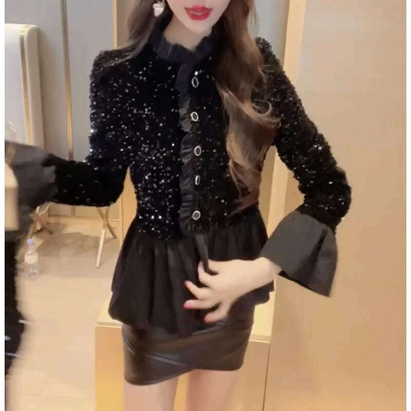 Fashion Splicing Sequin Jacket Women Single-breasted Plicated Long Sleeve Tops Female Spring Casual Solid Black Coat - KIMLUD