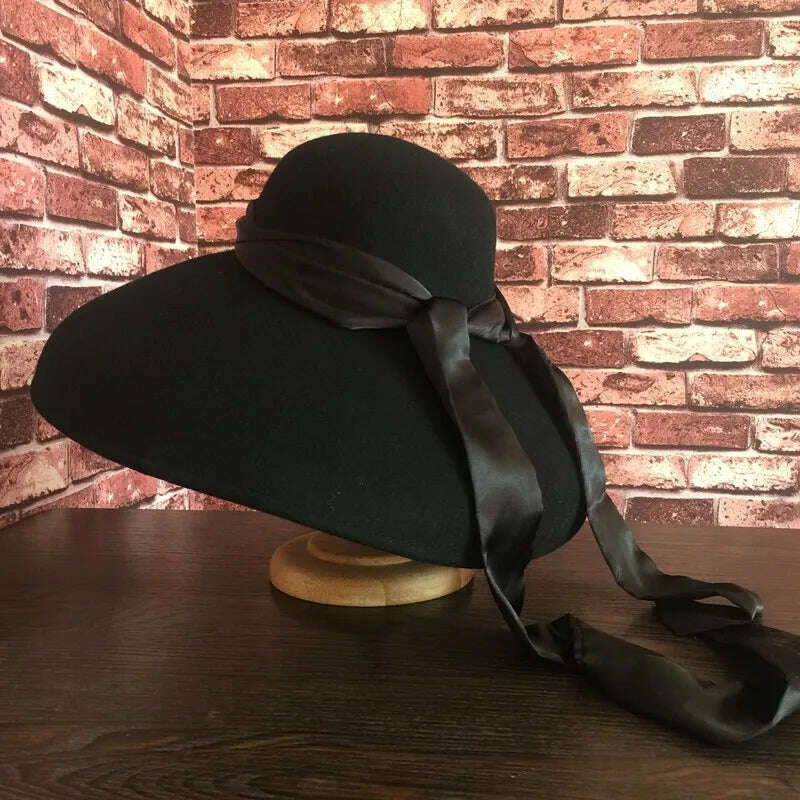 KIMLUD, fashion streetstyle black wide brim wool bucket hat female vintage big hat for women looks like Audrey Hepburn, Black / M 57cm, KIMLUD Womens Clothes