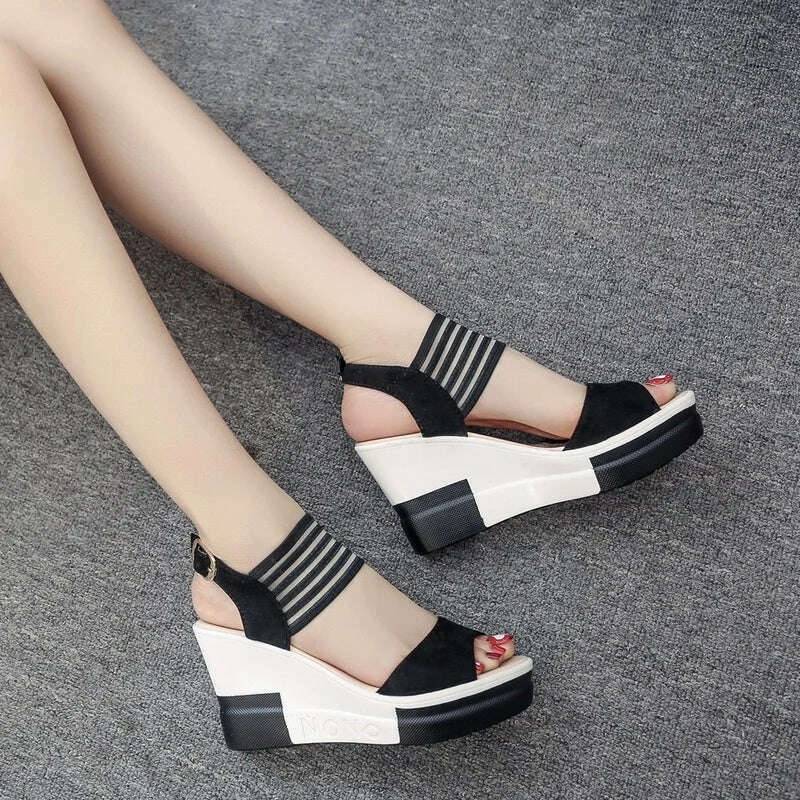 Fashion Wedge Women Shoes Casual Belt Buckle High Heel Shoes Fish Mouth Sandals Luxury Summer New Fashion All-match Roman Style - KIMLUD