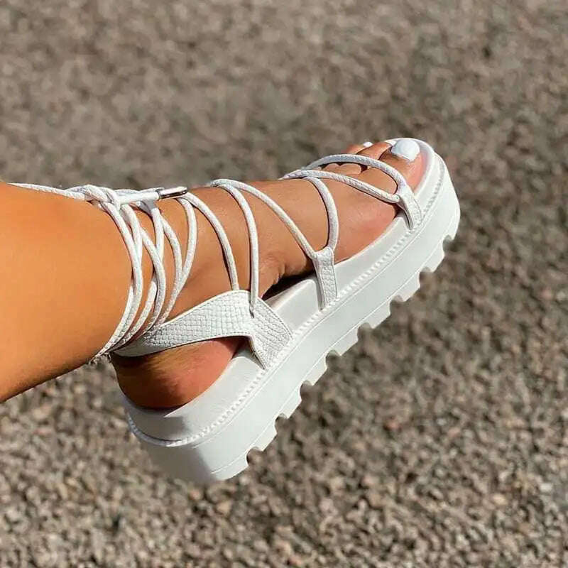 Fashion Woman Gladiator Sandals Ladies Wedge Shoes Female Lace Up Platform Shoes Women Cross Straps Thick Bottom Heeled Sandals - KIMLUD