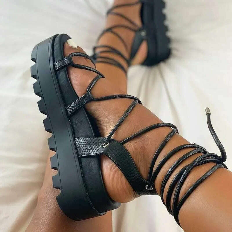 Fashion Woman Gladiator Sandals Ladies Wedge Shoes Female Lace Up Platform Shoes Women Cross Straps Thick Bottom Heeled Sandals - KIMLUD