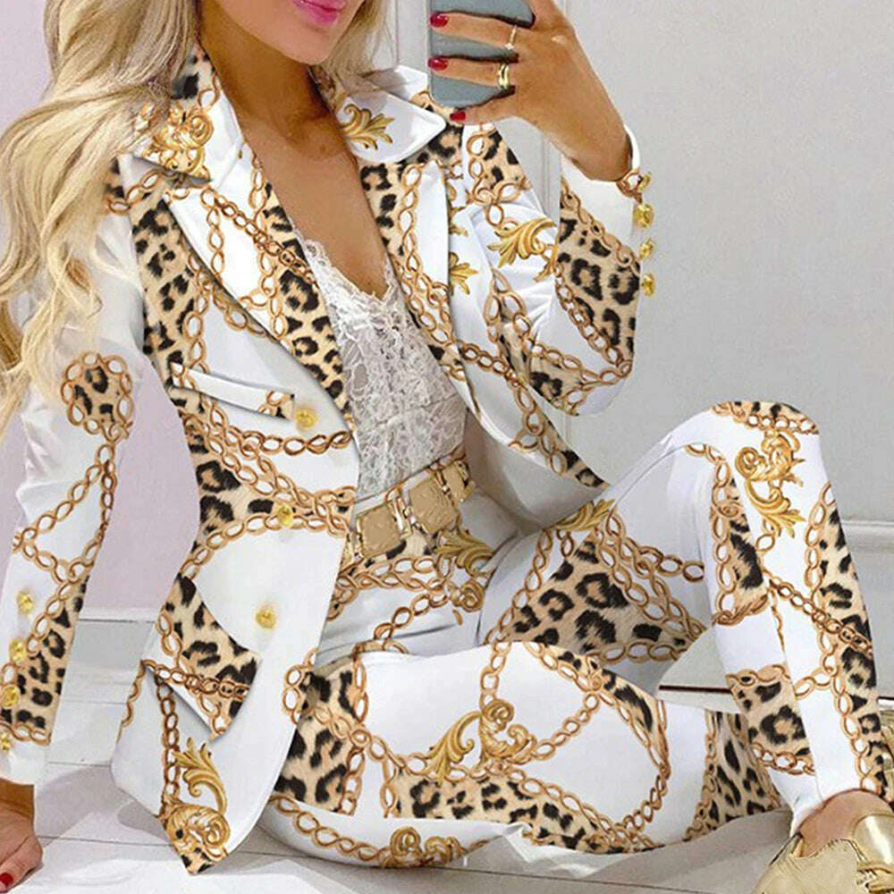 Fashion Women Jacket + Pants 2 Piece Set Spring New Button Long Sleeve Turn-down Collar Print Suit Casual Blazer Versatile Set - KIMLUD