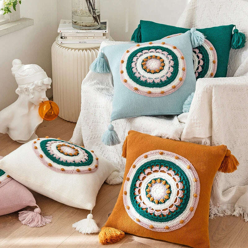 KIMLUD, Floral Cuhion Cover 45x45cm Pillow Cove Pink Cream Yellow Green Tassels Acrylic Knit Home decoration Pillow Case For sofa Bed, KIMLUD Womens Clothes