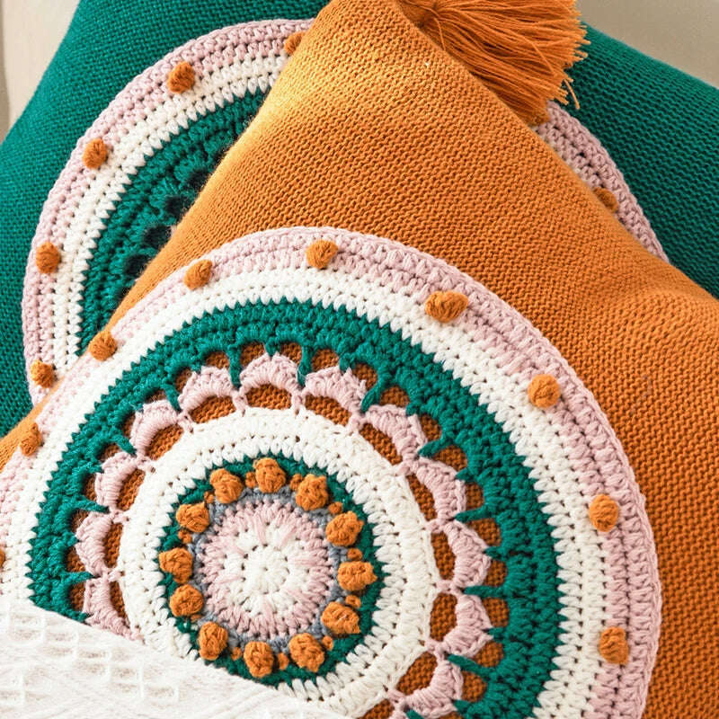 KIMLUD, Floral Cuhion Cover 45x45cm Pillow Cove Pink Cream Yellow Green Tassels Acrylic Knit Home decoration Pillow Case For sofa Bed, KIMLUD Womens Clothes