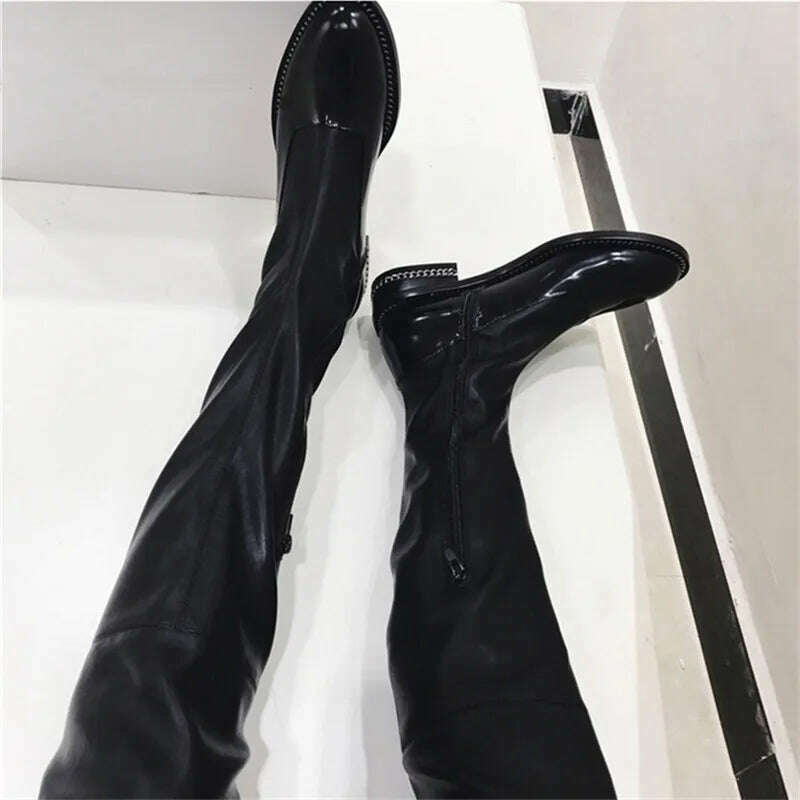 Fornihapfirafs New Sexy Women Stretchy Long Boots Chain Side Zip Stacked Heels Thigh High Boots Black Over-the-Knee High Boots - KIMLUD