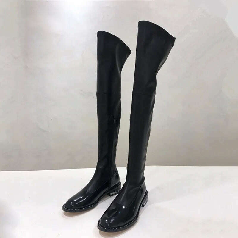 Fornihapfirafs New Sexy Women Stretchy Long Boots Chain Side Zip Stacked Heels Thigh High Boots Black Over-the-Knee High Boots - KIMLUD