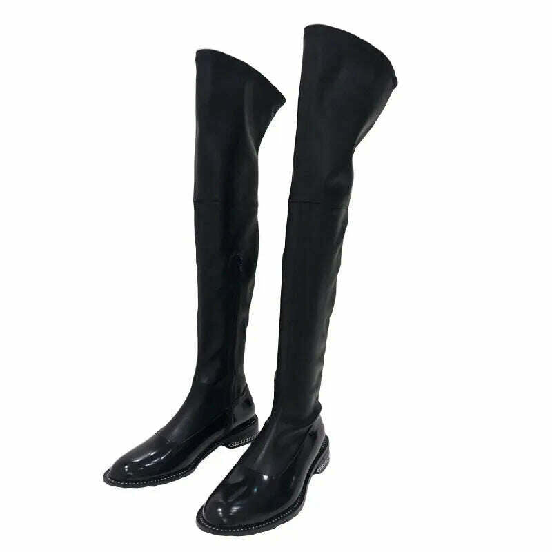 Fornihapfirafs New Sexy Women Stretchy Long Boots Chain Side Zip Stacked Heels Thigh High Boots Black Over-the-Knee High Boots - KIMLUD