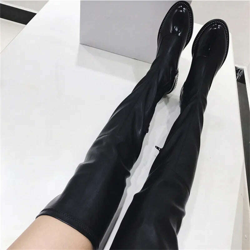 Fornihapfirafs New Sexy Women Stretchy Long Boots Chain Side Zip Stacked Heels Thigh High Boots Black Over-the-Knee High Boots - KIMLUD