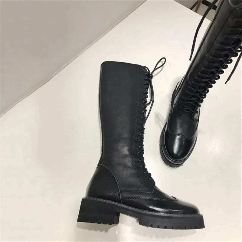 Fornihapfirafs Sexy Women Knee High Boots Black Leather Front Lace Up Side Zipper Platform Stacked Heels Woman Long Boots Shoes - KIMLUD