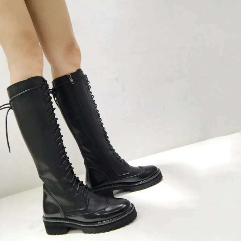 Fornihapfirafs Sexy Women Knee High Boots Black Leather Front Lace Up Side Zipper Platform Stacked Heels Woman Long Boots Shoes - KIMLUD