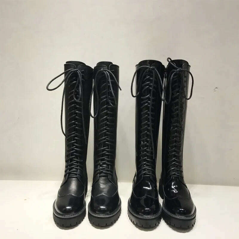 Fornihapfirafs Sexy Women Knee High Boots Black Leather Front Lace Up Side Zipper Platform Stacked Heels Woman Long Boots Shoes - KIMLUD