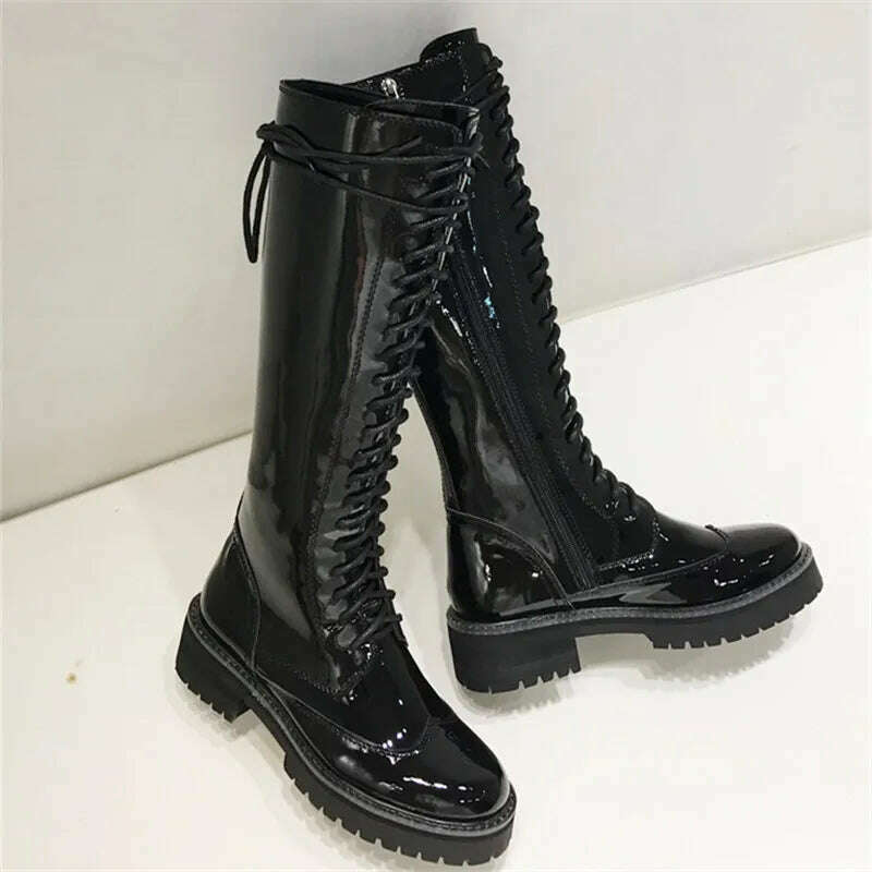 Fornihapfirafs Sexy Women Knee High Boots Black Leather Front Lace Up Side Zipper Platform Stacked Heels Woman Long Boots Shoes - KIMLUD