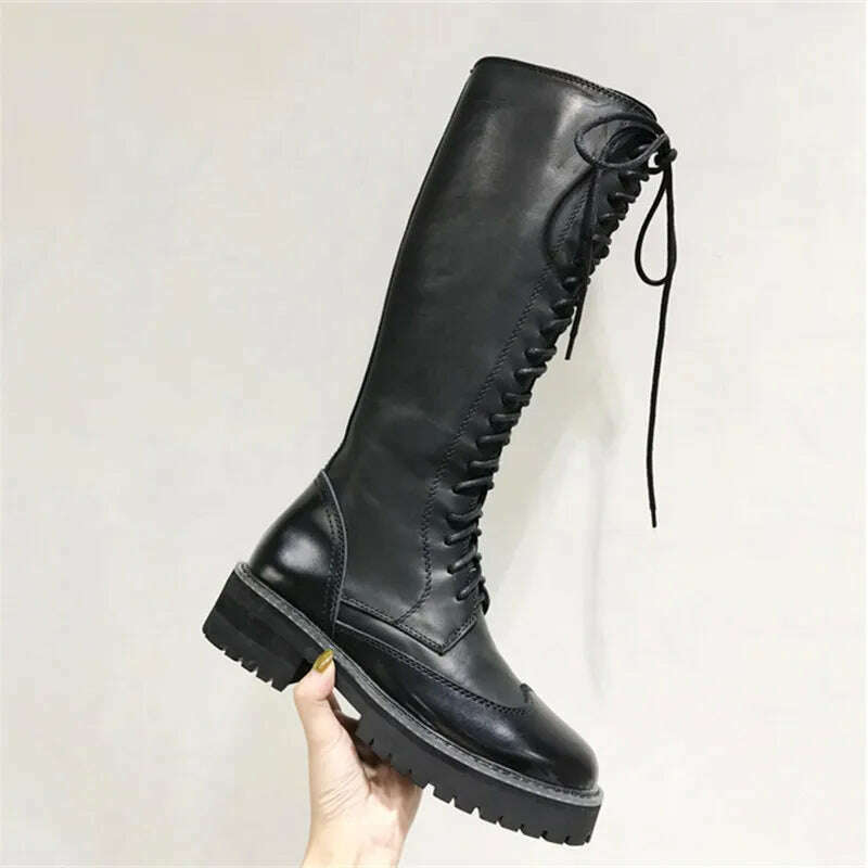 Fornihapfirafs Sexy Women Knee High Boots Black Leather Front Lace Up Side Zipper Platform Stacked Heels Woman Long Boots Shoes - KIMLUD