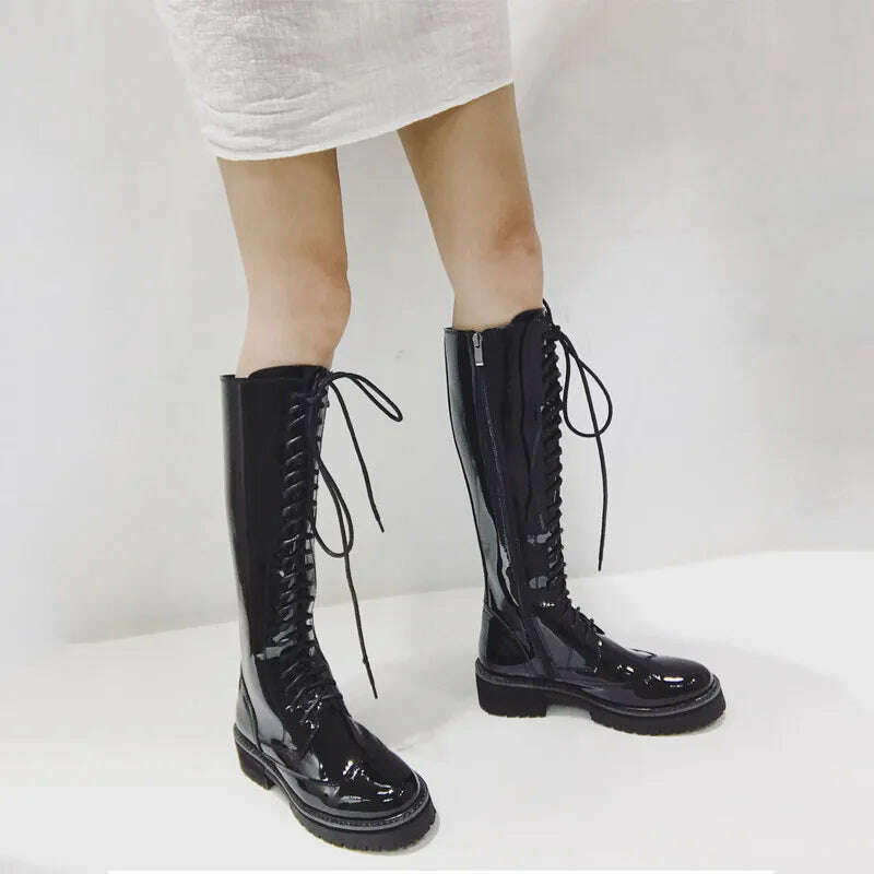 Fornihapfirafs Sexy Women Knee High Boots Black Leather Front Lace Up Side Zipper Platform Stacked Heels Woman Long Boots Shoes - KIMLUD