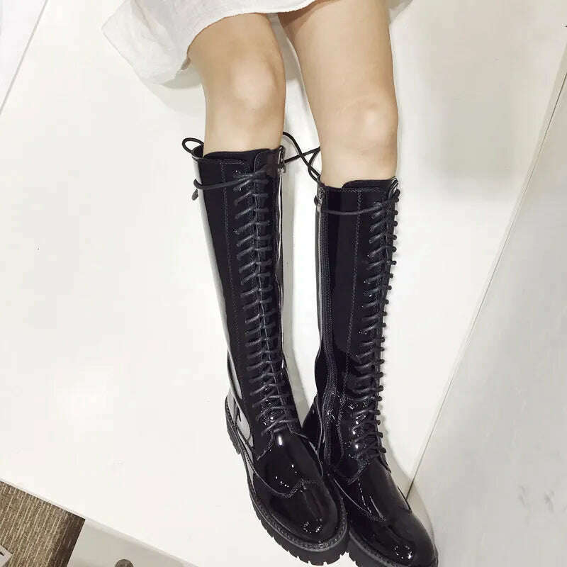 Fornihapfirafs Sexy Women Knee High Boots Black Leather Front Lace Up Side Zipper Platform Stacked Heels Woman Long Boots Shoes - KIMLUD
