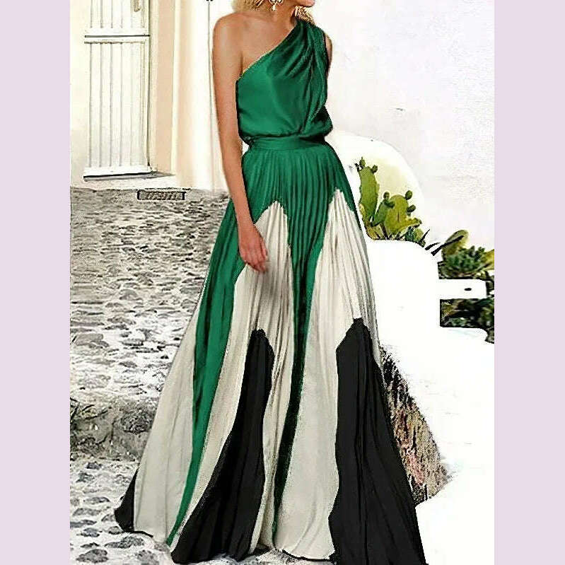 KIMLUD, Freeacy 2024 Fashion Women's Party Dress Sleeveless High Waist Contrast Color Pleated Dress Elegant Maxi Evening Dresses, KIMLUD Womens Clothes