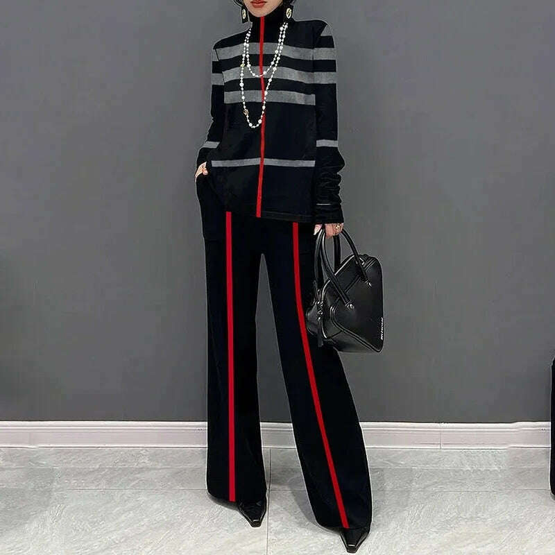 KIMLUD, Freeacy Autumn New Women's Casual Shirts High Neck Long Sleeves Loose Fit Striped Pullovers 2024 Fashion Female T-shirt, KIMLUD Womens Clothes