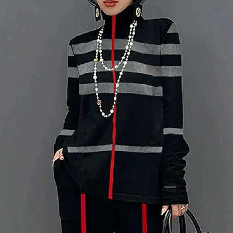 KIMLUD, Freeacy Autumn New Women's Casual Shirts High Neck Long Sleeves Loose Fit Striped Pullovers 2024 Fashion Female T-shirt, KIMLUD Womens Clothes