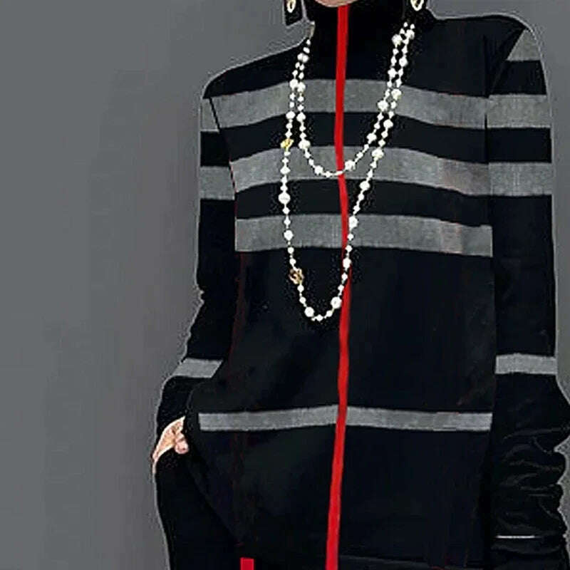 KIMLUD, Freeacy Autumn New Women's Casual Shirts High Neck Long Sleeves Loose Fit Striped Pullovers 2024 Fashion Female T-shirt, KIMLUD Womens Clothes