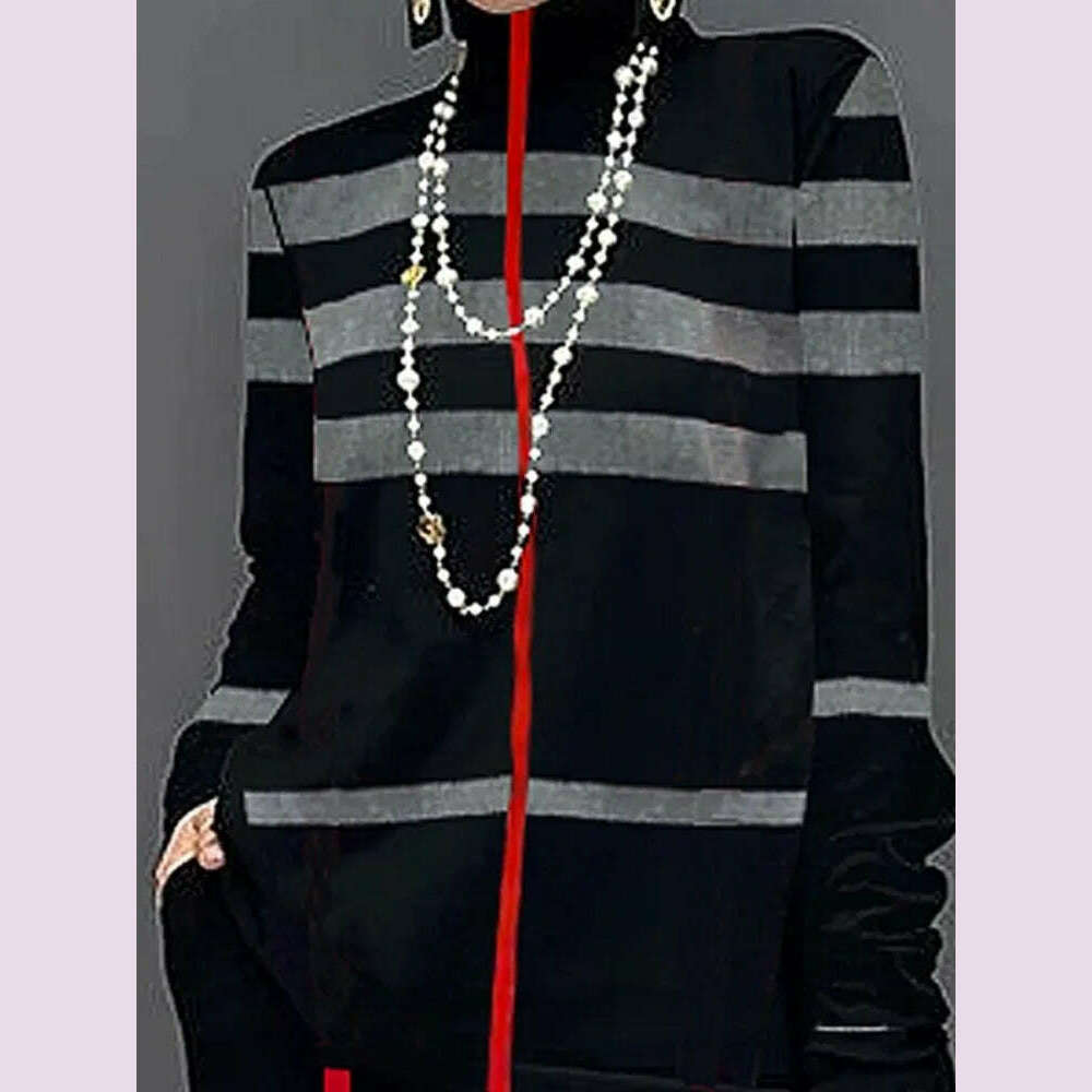 KIMLUD, Freeacy Autumn New Women's Casual Shirts High Neck Long Sleeves Loose Fit Striped Pullovers 2024 Fashion Female T-shirt, black / M, KIMLUD APPAREL - Womens Clothes