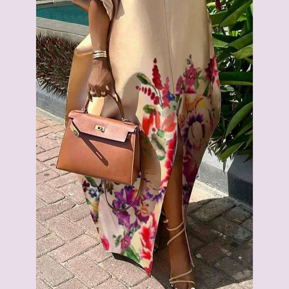 Freeacy Women's Elegant Floral Printed Maxi Dress Boat Neck Puff Sleeves H-line Splited Evening Dresses Floor Length Party Dress - KIMLUD