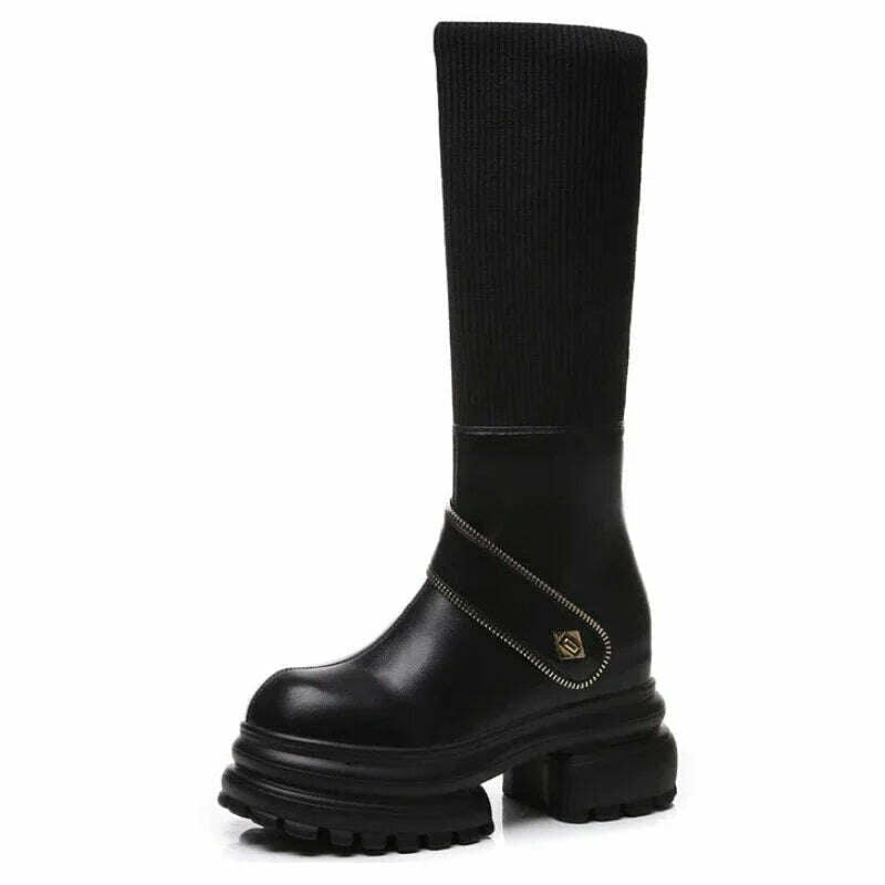 Fujin 8cm New Sock Genuine Leather Stretch Fabric Booties Block Knee High Boots Women Platform Wedge Fashion Autumn Spring Shoes - KIMLUD