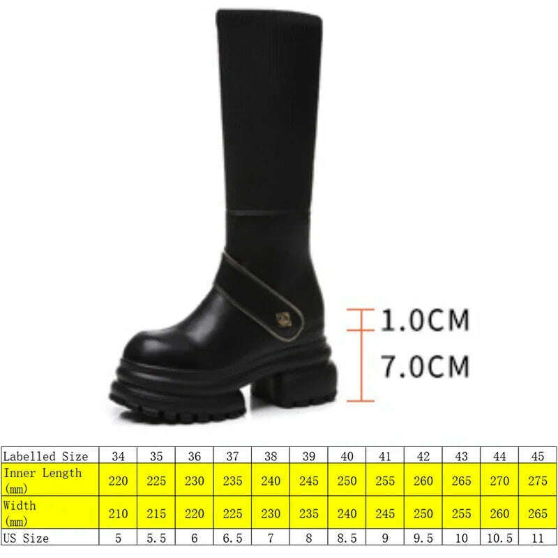 Fujin 8cm New Sock Genuine Leather Stretch Fabric Booties Block Knee High Boots Women Platform Wedge Fashion Autumn Spring Shoes - KIMLUD
