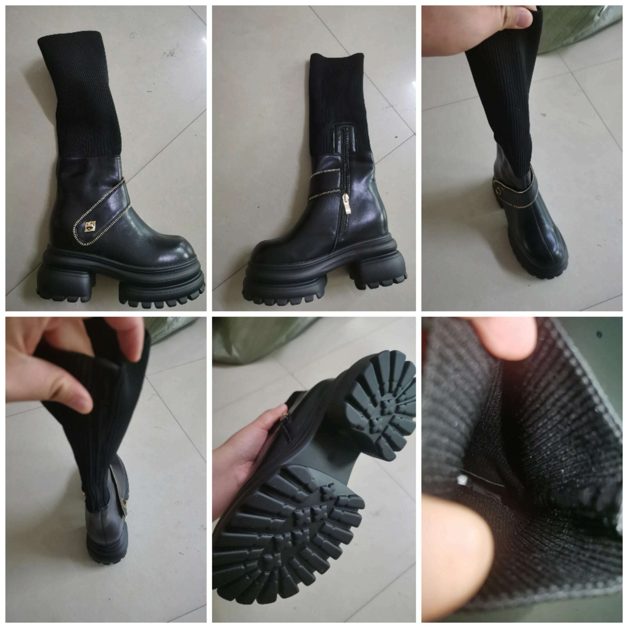 Fujin 8cm New Sock Genuine Leather Stretch Fabric Booties Block Knee High Boots Women Platform Wedge Fashion Autumn Spring Shoes - KIMLUD