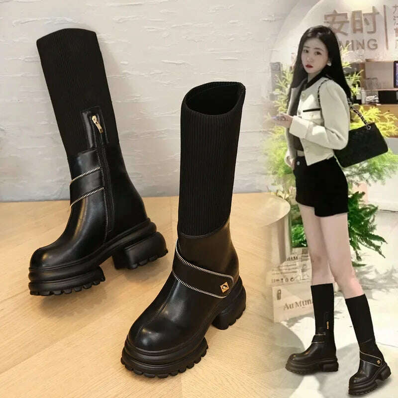 Fujin 8cm New Sock Genuine Leather Stretch Fabric Booties Block Knee High Boots Women Platform Wedge Fashion Autumn Spring Shoes - KIMLUD