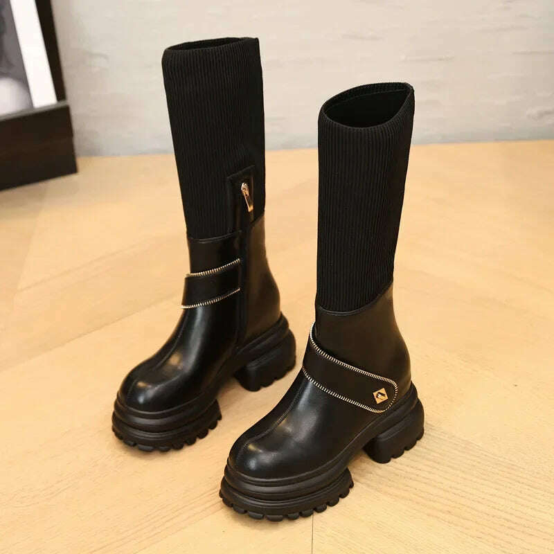 Fujin 8cm New Sock Genuine Leather Stretch Fabric Booties Block Knee High Boots Women Platform Wedge Fashion Autumn Spring Shoes - KIMLUD