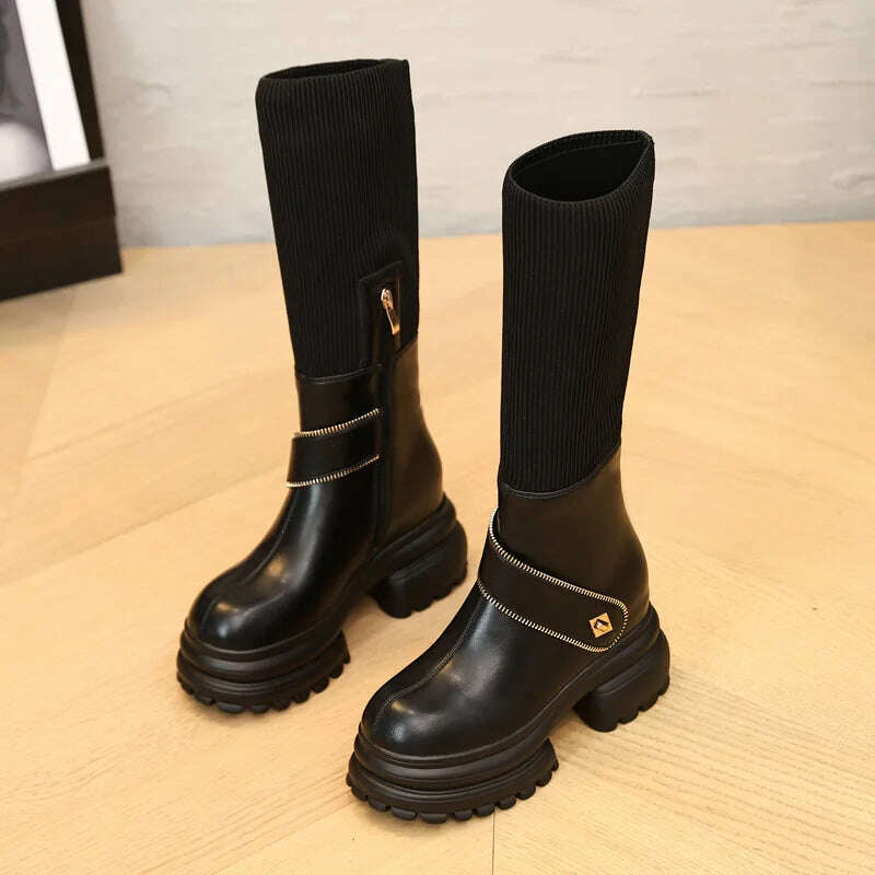 Fujin 8cm New Sock Genuine Leather Stretch Fabric Booties Block Knee High Boots Women Platform Wedge Fashion Autumn Spring Shoes - KIMLUD
