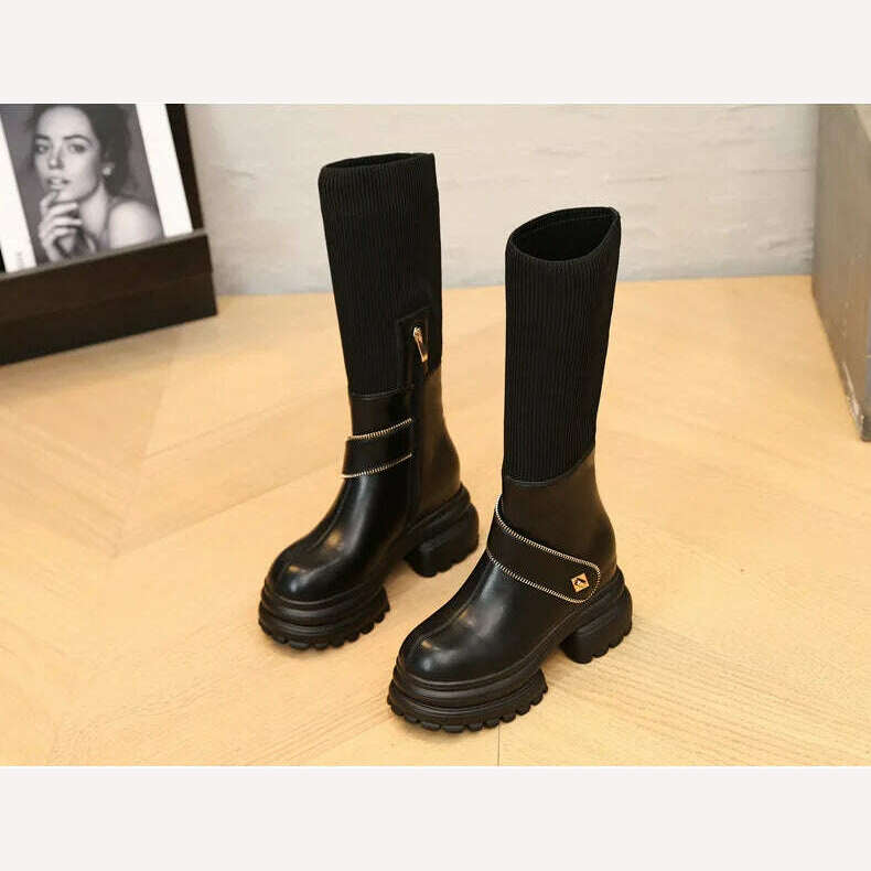 Fujin 8cm New Sock Genuine Leather Stretch Fabric Booties Block Knee High Boots Women Platform Wedge Fashion Autumn Spring Shoes - KIMLUD