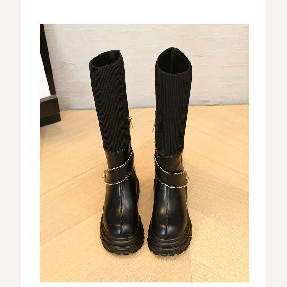Fujin 8cm New Sock Genuine Leather Stretch Fabric Booties Block Knee High Boots Women Platform Wedge Fashion Autumn Spring Shoes - KIMLUD