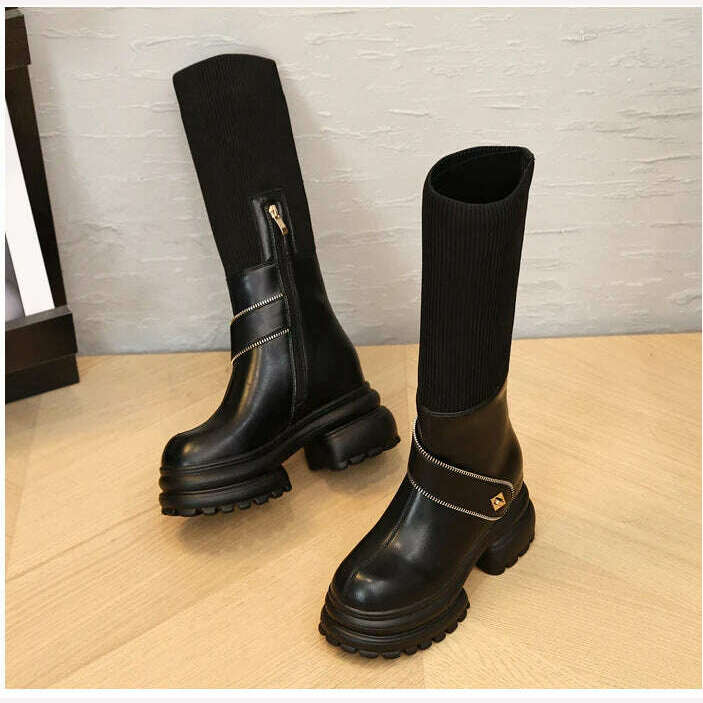Fujin 8cm New Sock Genuine Leather Stretch Fabric Booties Block Knee High Boots Women Platform Wedge Fashion Autumn Spring Shoes - KIMLUD