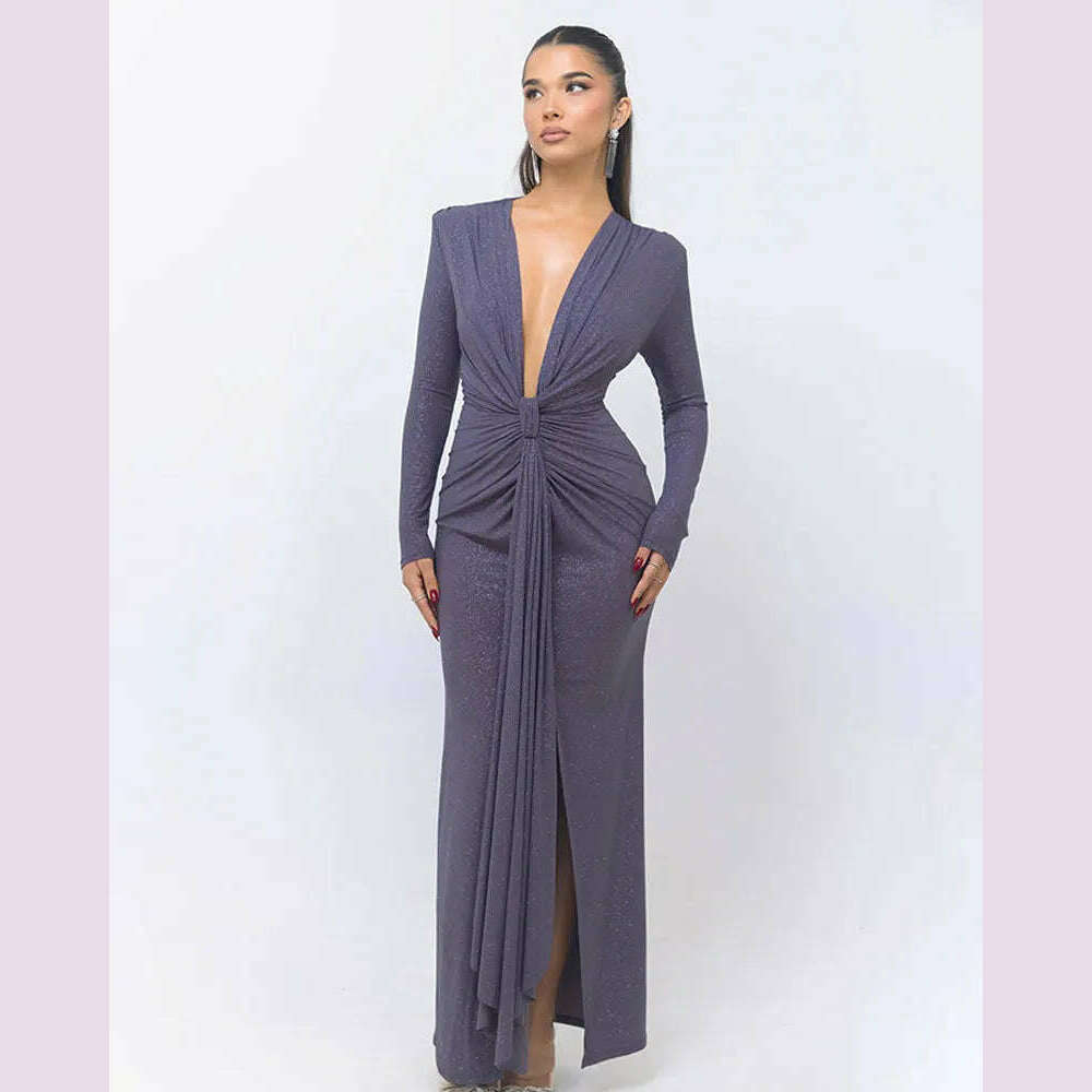 GACVGA Glitter Deep V Neck Sexy Maxi Dress For Women Autumn Elegant Sparkle Slit Ruched Bodycon Club Party Long Evening Dress - KIMLUD